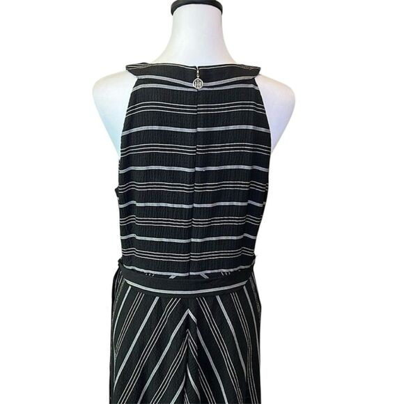 Tommy Hilfiger Halter Midi Dress Striped Crinkle Gauze Waist Tie Black Gray 12 - Picture 7 of 16